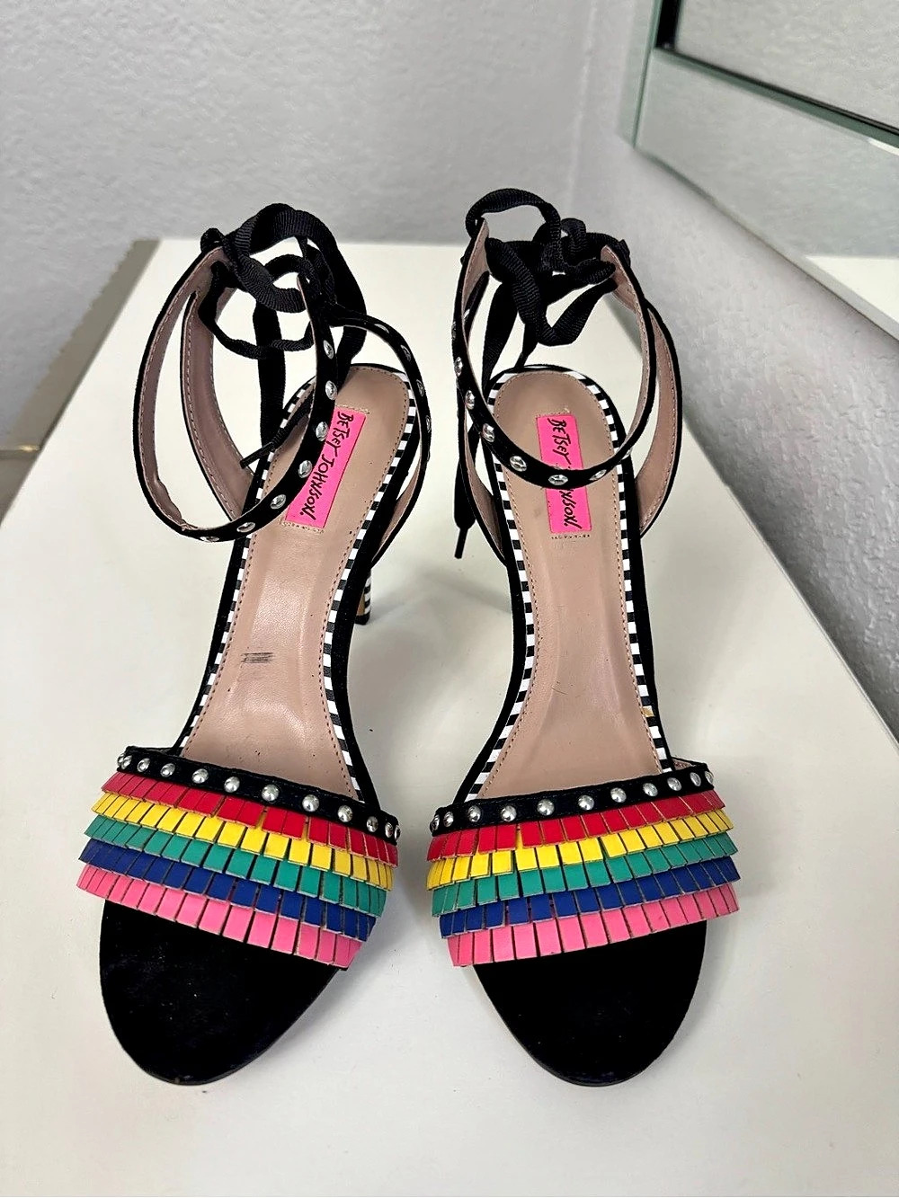 Betsey Johnson Striped Multicolor Studded Heels Betsey  Rainbow Fringe